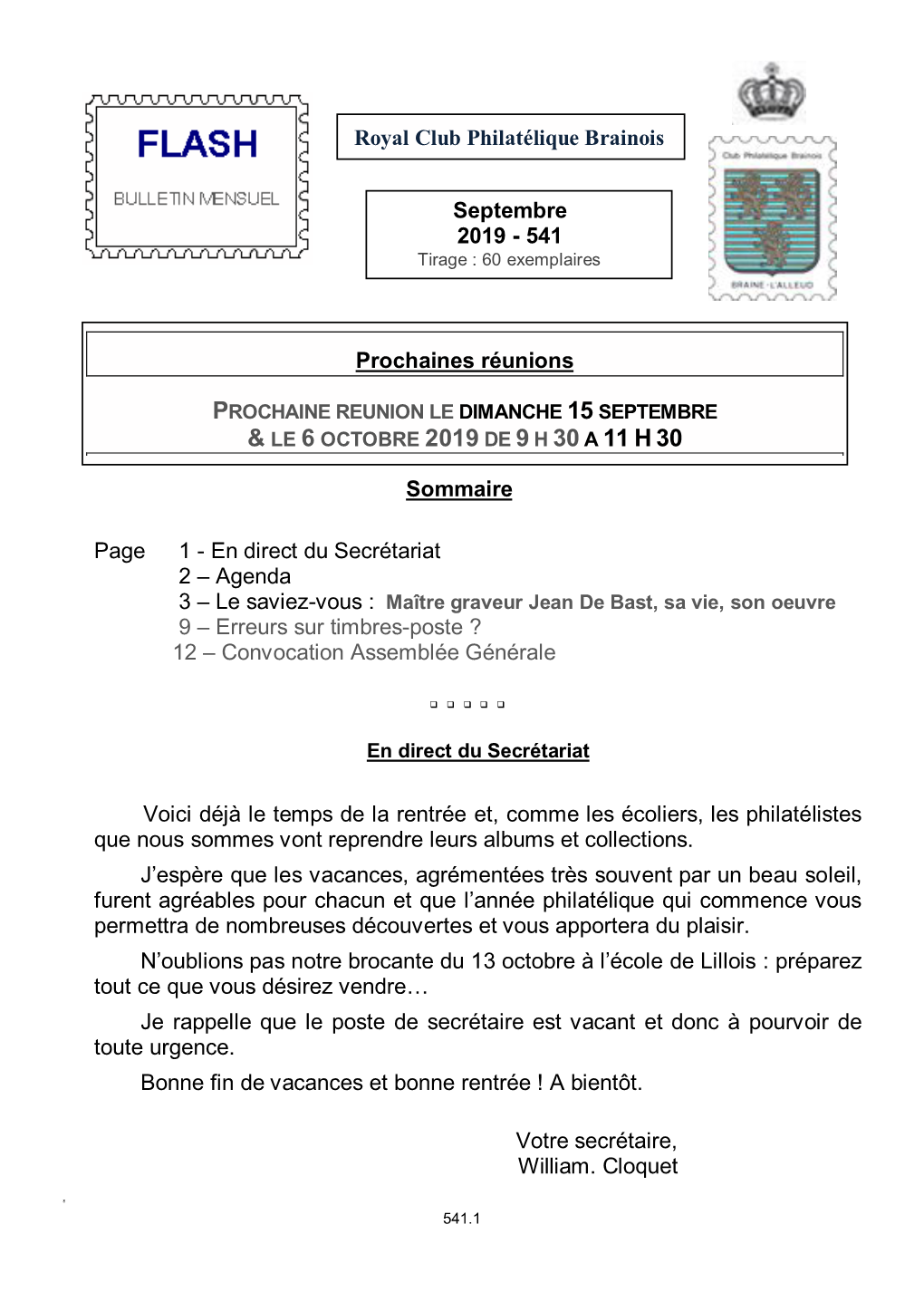 Septembre 2019 - 5 4 1 Tirage : 60 Exemplaires