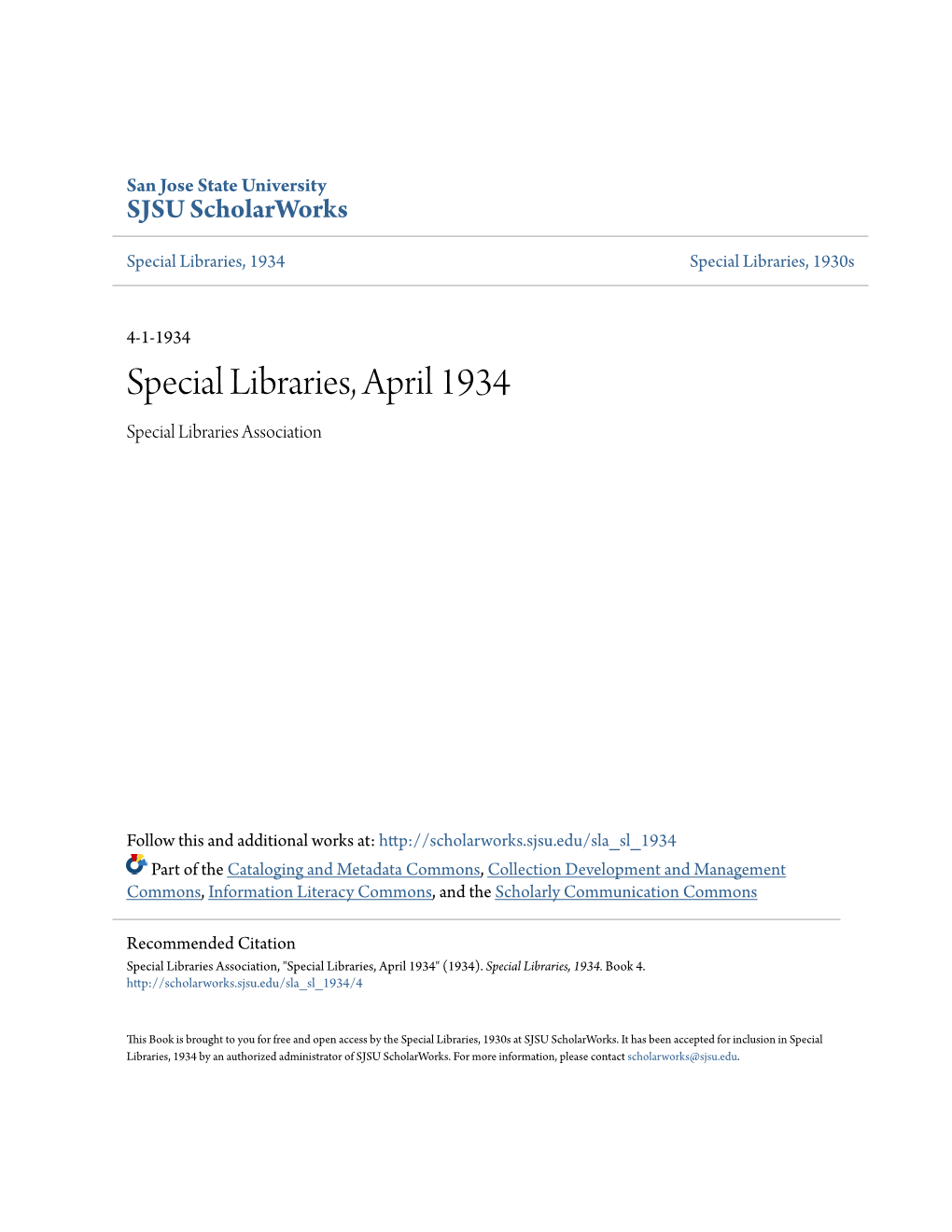 Special Libraries, April 1934 Special Libraries Association