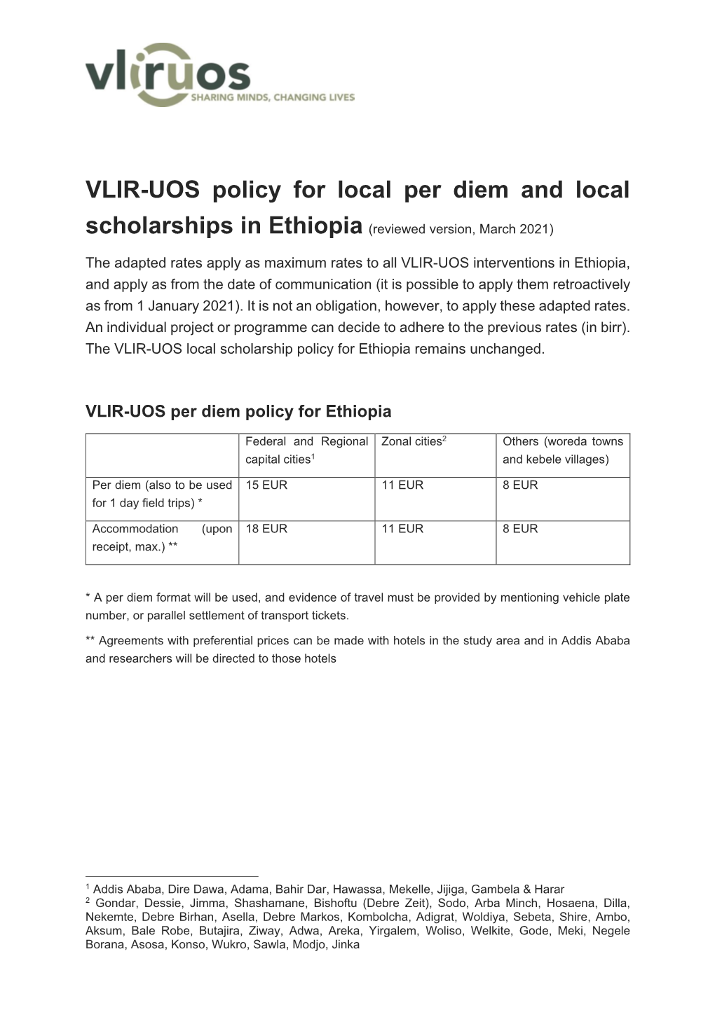 VLIR-UOS Policy for Local Per Diem and Local Scholarships in Ethiopia (Reviewed Version, March 2021)