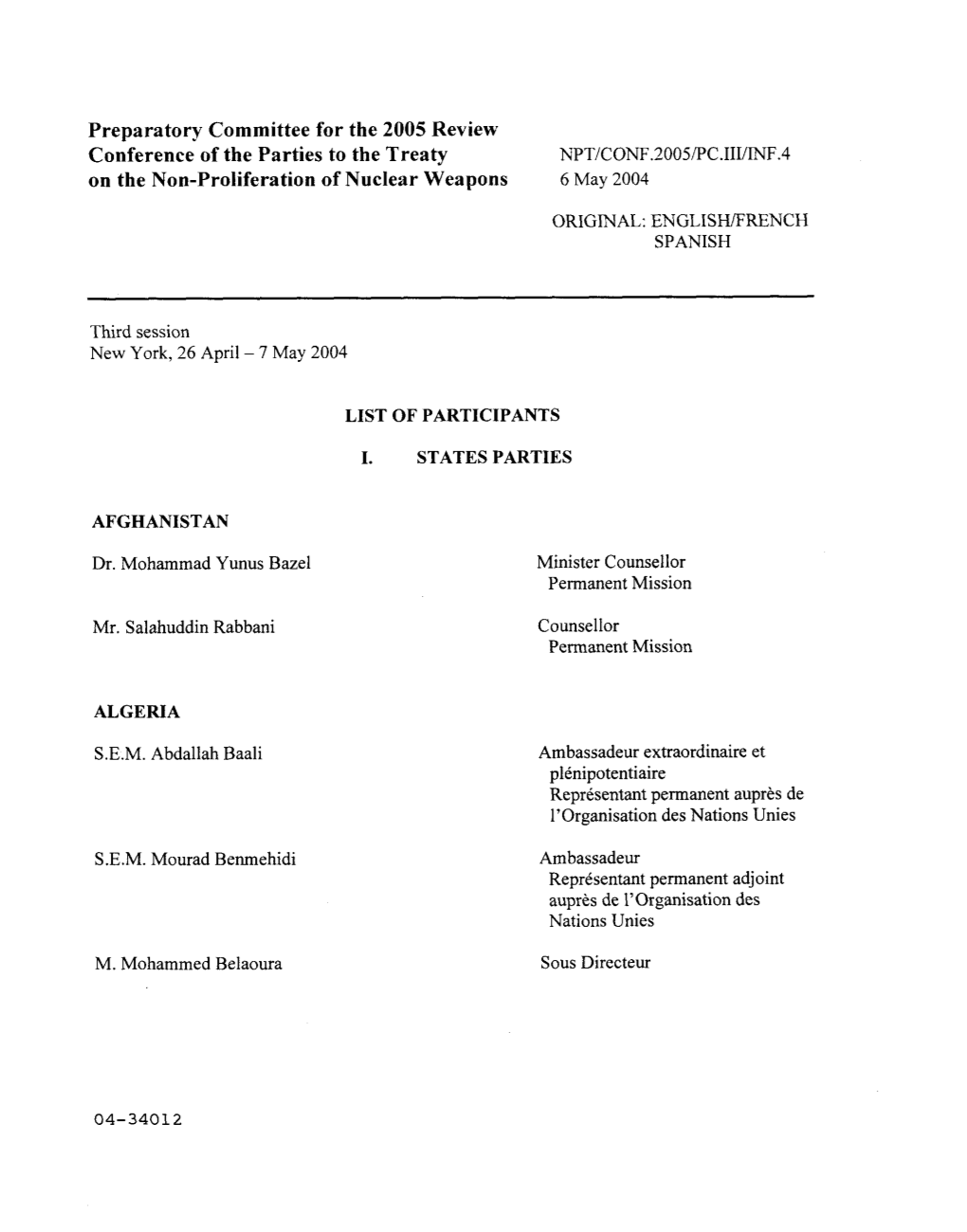 Preparatory Committee for the 2005 Review Conference of the Parties to the Treaty on the Non-Proliferation of Nuclear Weapons