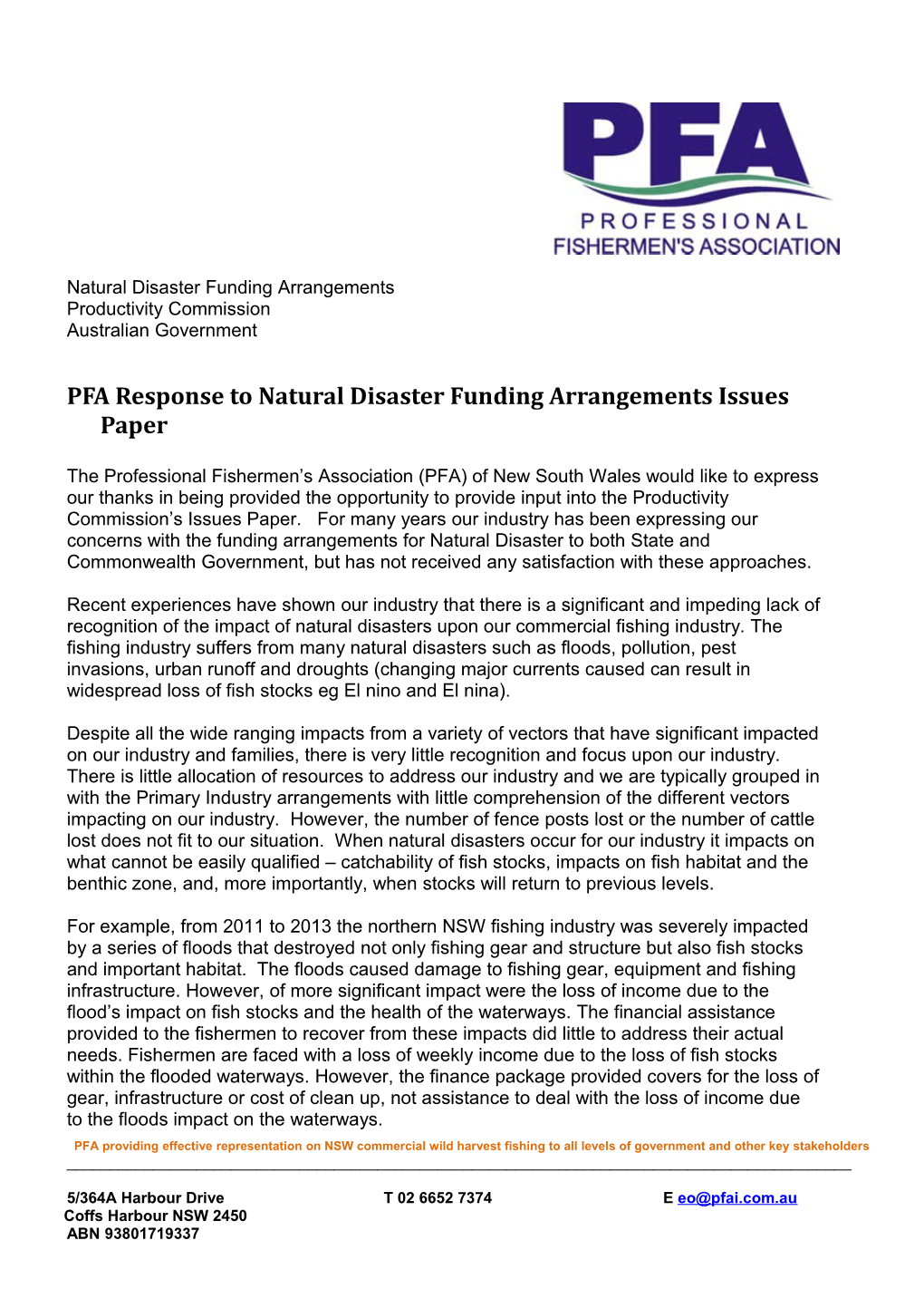 Submission 62 - Professional Fishermens Association - Natural Disaster Funding - Public Inquiry