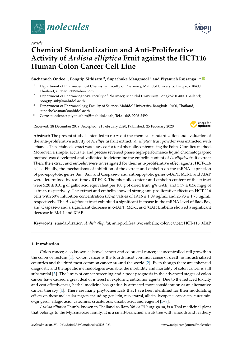 Chemical Standardization and Anti-Proliferative Activity of Ardisia Elliptica Fruit Against the HCT116 Human Colon Cancer Cell Line
