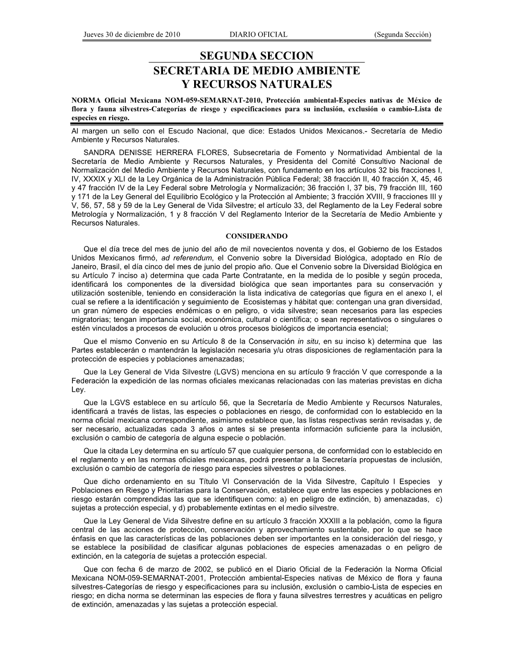 NORMA Oficial Mexicana NOM-059-SEMARNAT-2010