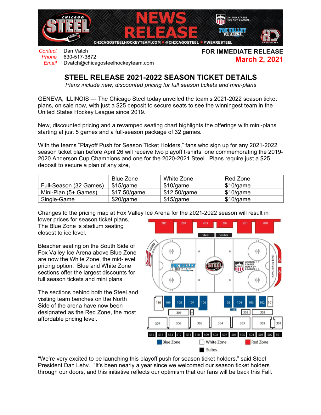 March 2, 2021 STEEL RELEASE 2021-2022 SEASON TICKET DETAILS