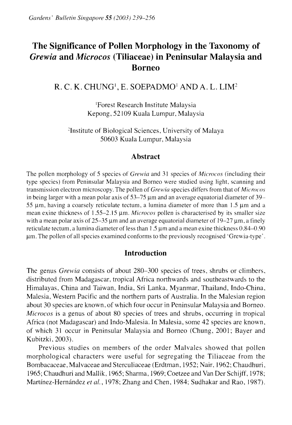 The Significance of Pollen Morphology in the Taxonomy of Grewia and Microcos (Tiliaceae) in Peninsular Malaysia and Borneo