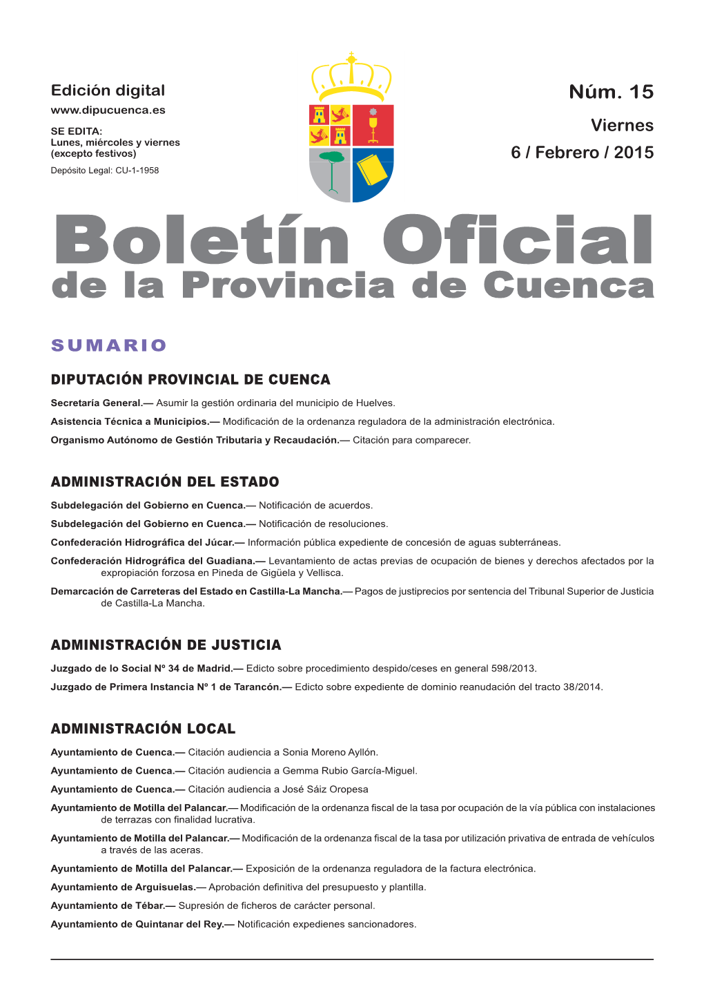 Boletín Oficial De La Provincia De Cuenca Sumario Diputación Provincial De Cuenca