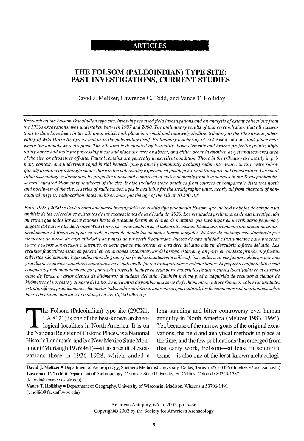 The Folsom (Paleoindian) Type Site: Past Investigations, Current Studies