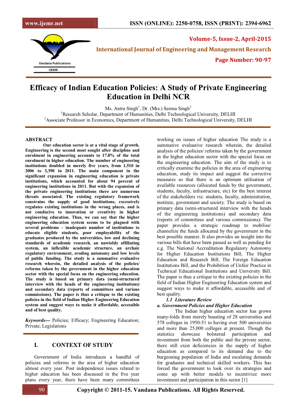 Efficacy of Indian Education Policies: a Study of Private Engineering Education in Delhi NCR