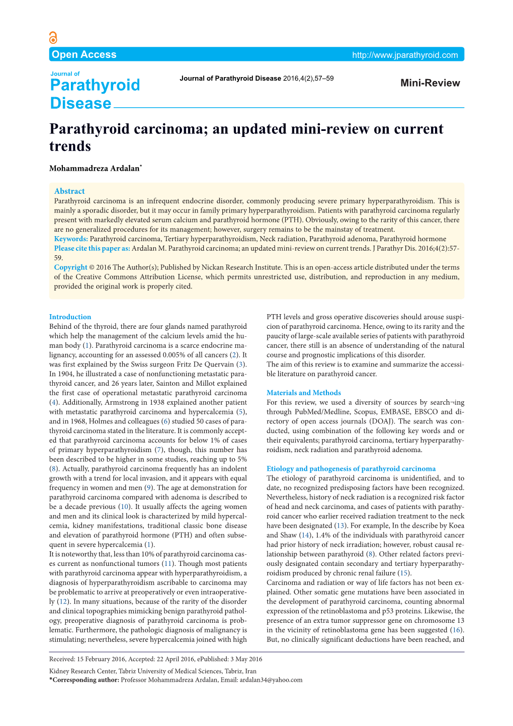 Parathyroid Carcinoma; an Updated Mini-Review on Current Trends