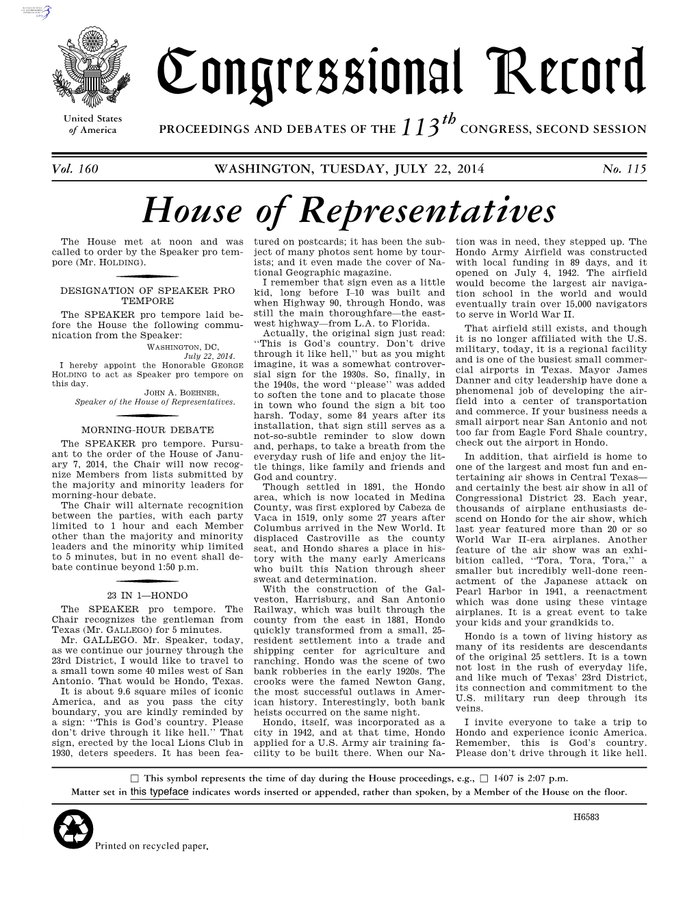 Congressional Record United States Th of America PROCEEDINGS and DEBATES of the 113 CONGRESS, SECOND SESSION