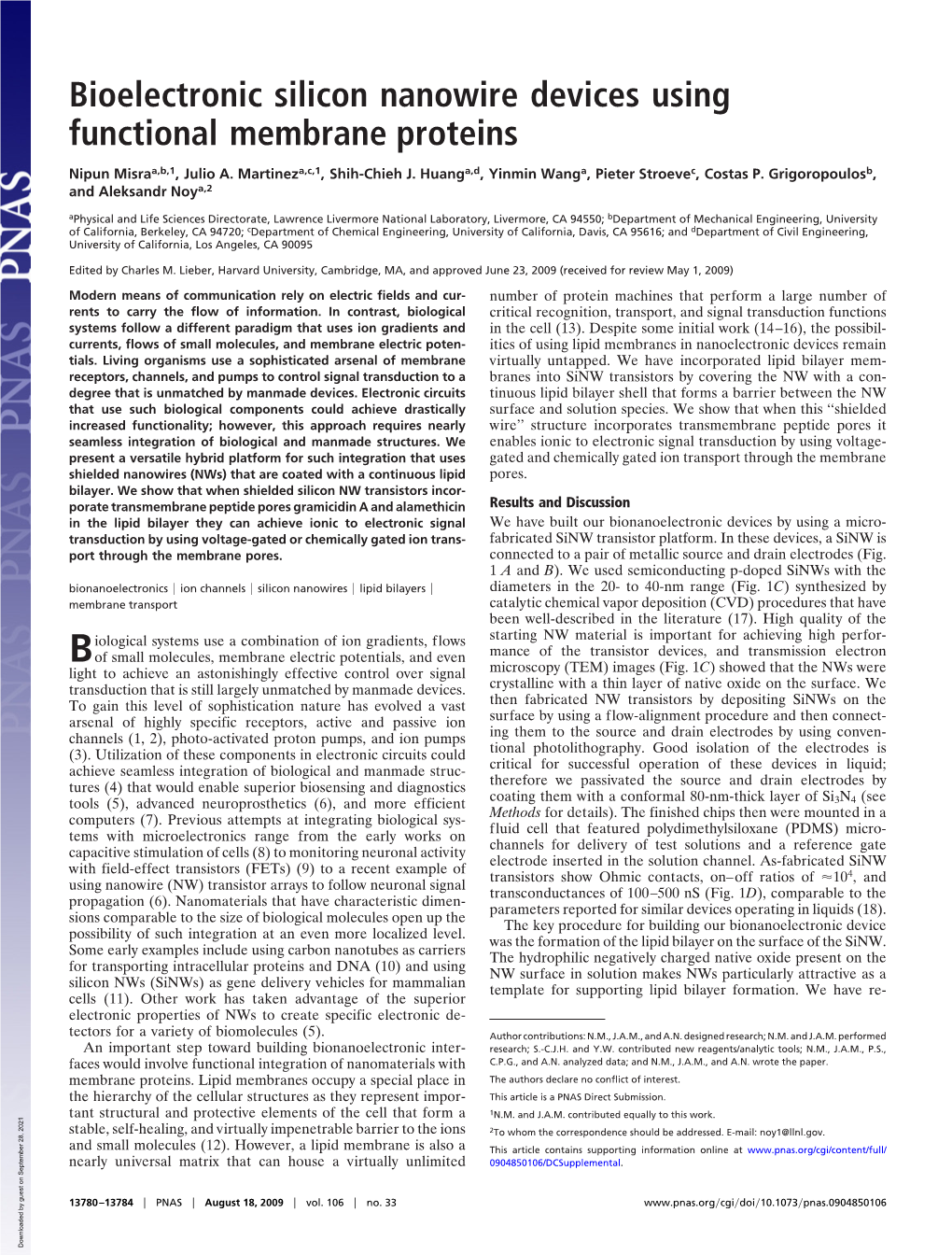 Bioelectronic Silicon Nanowire Devices Using Functional Membrane Proteins