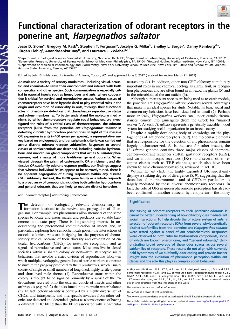 Functional Characterization of Odorant Receptors in the Ponerine Ant, Harpegnathos Saltator