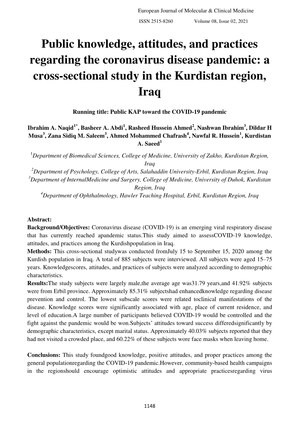 A Cross-Sectional Study in the Kurdistan Region, Iraq