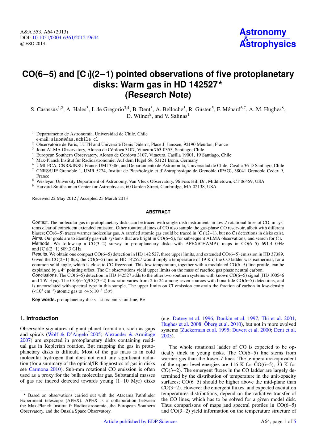 (2−1\) Pointed Observations of Five Protoplanetary Disks