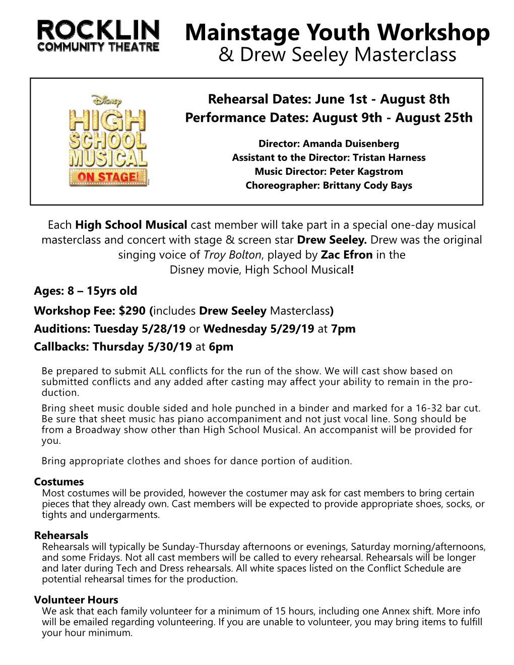 High School Musical Workshop Information Page