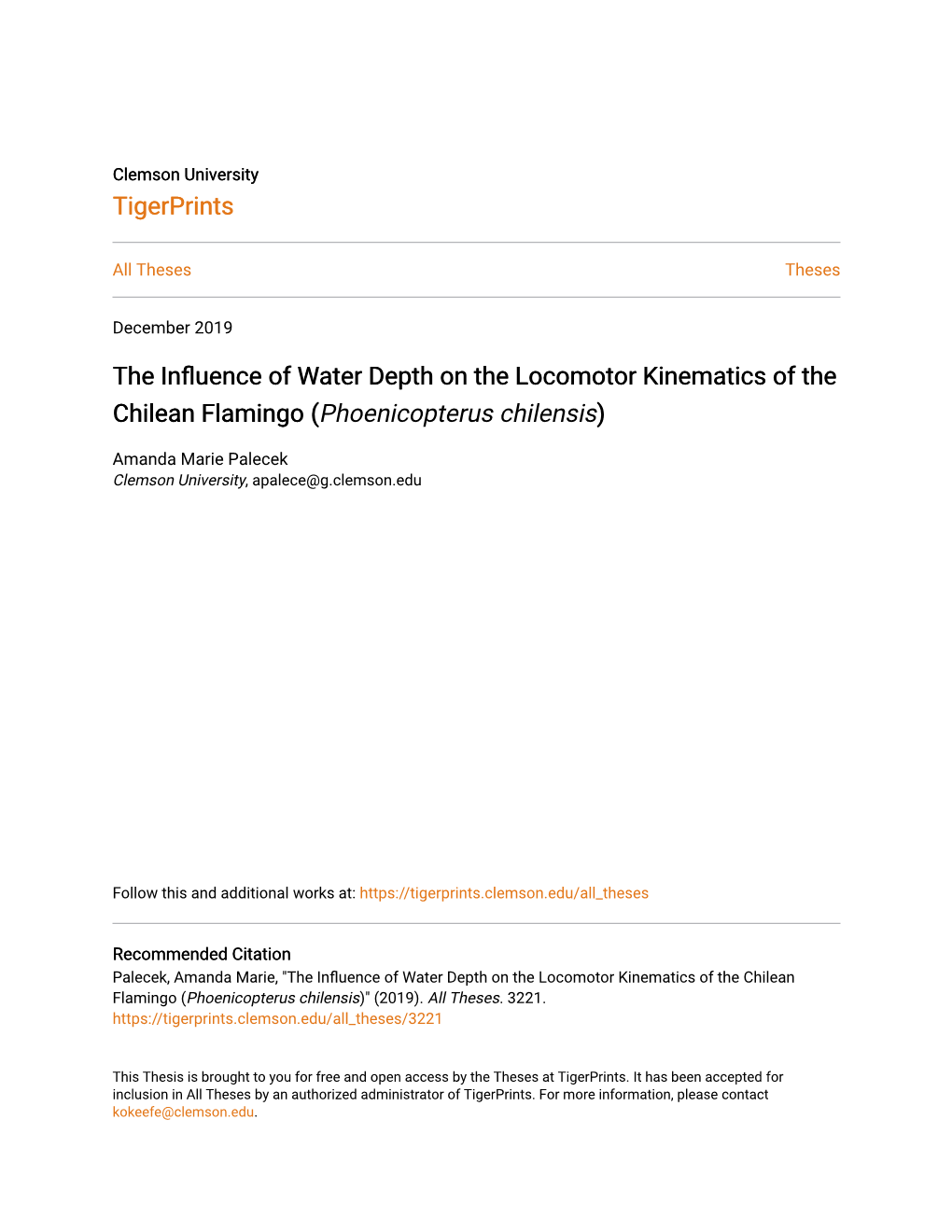 The Influence of Water Depth on the Locomotor Kinematics of the Chilean Flamingo (Phoenicopterus Chilensis)