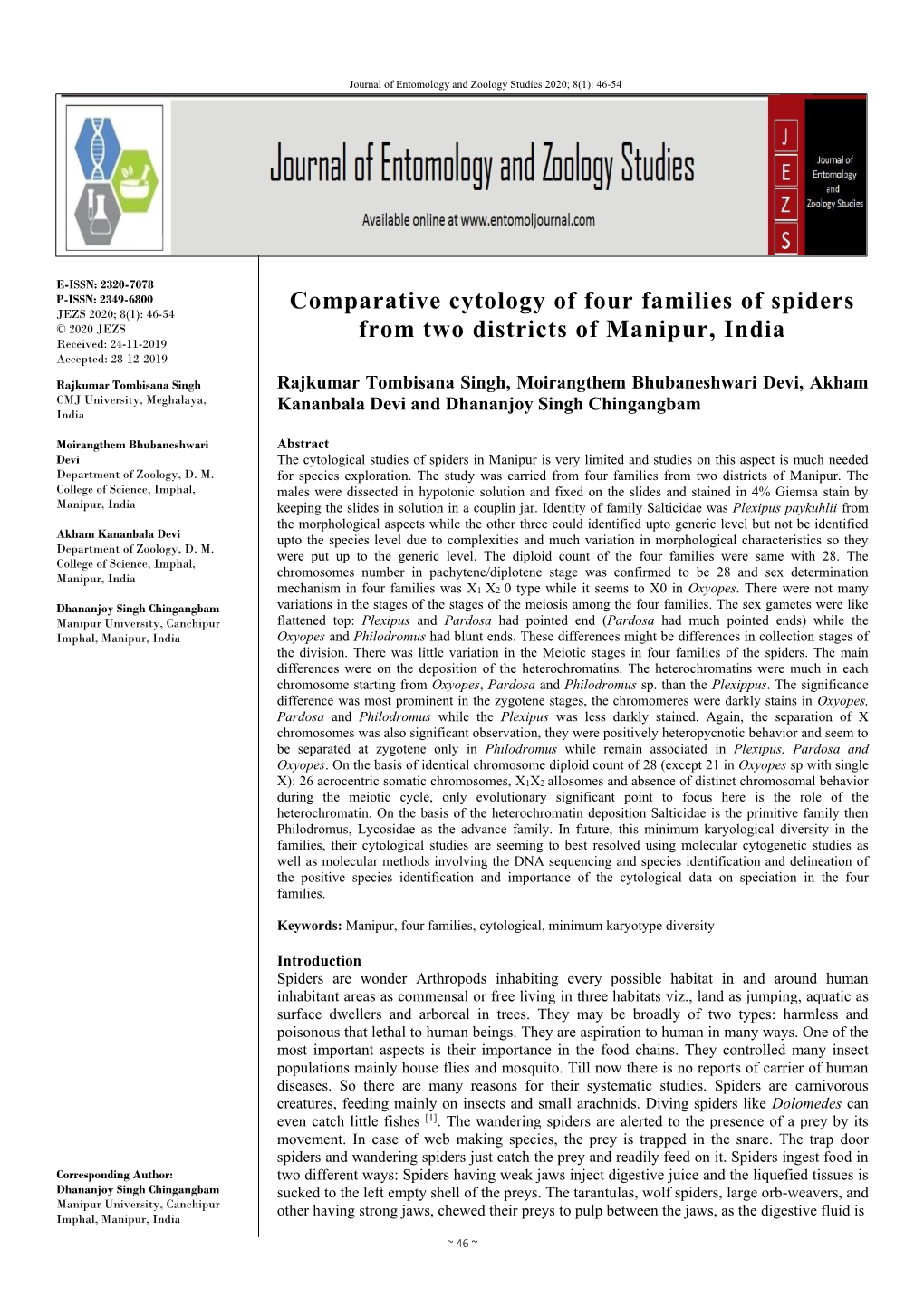 Comparative Cytology of Four Families of Spiders from Two Districts of Manipur, India