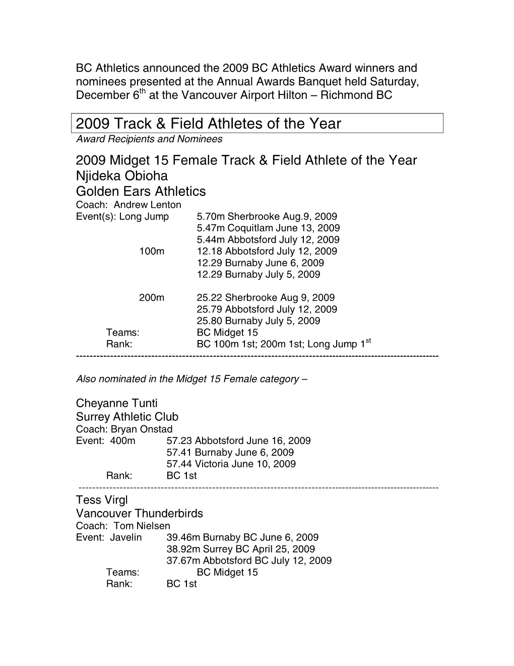 2009 Track & Field Athletes of the Year