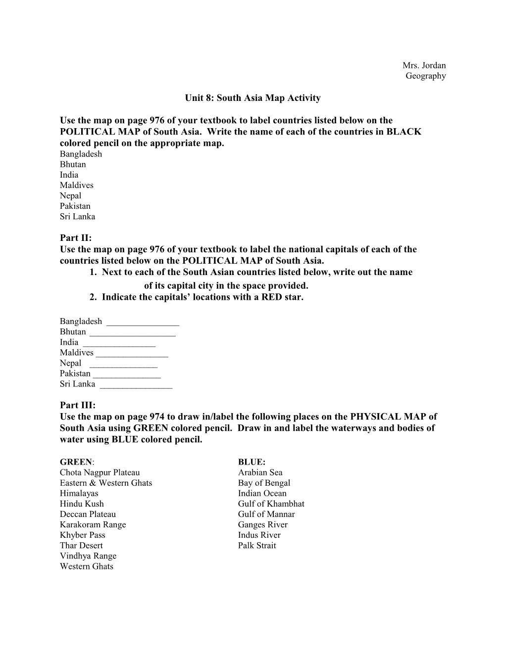 Unit 8: South Asia Map Activity