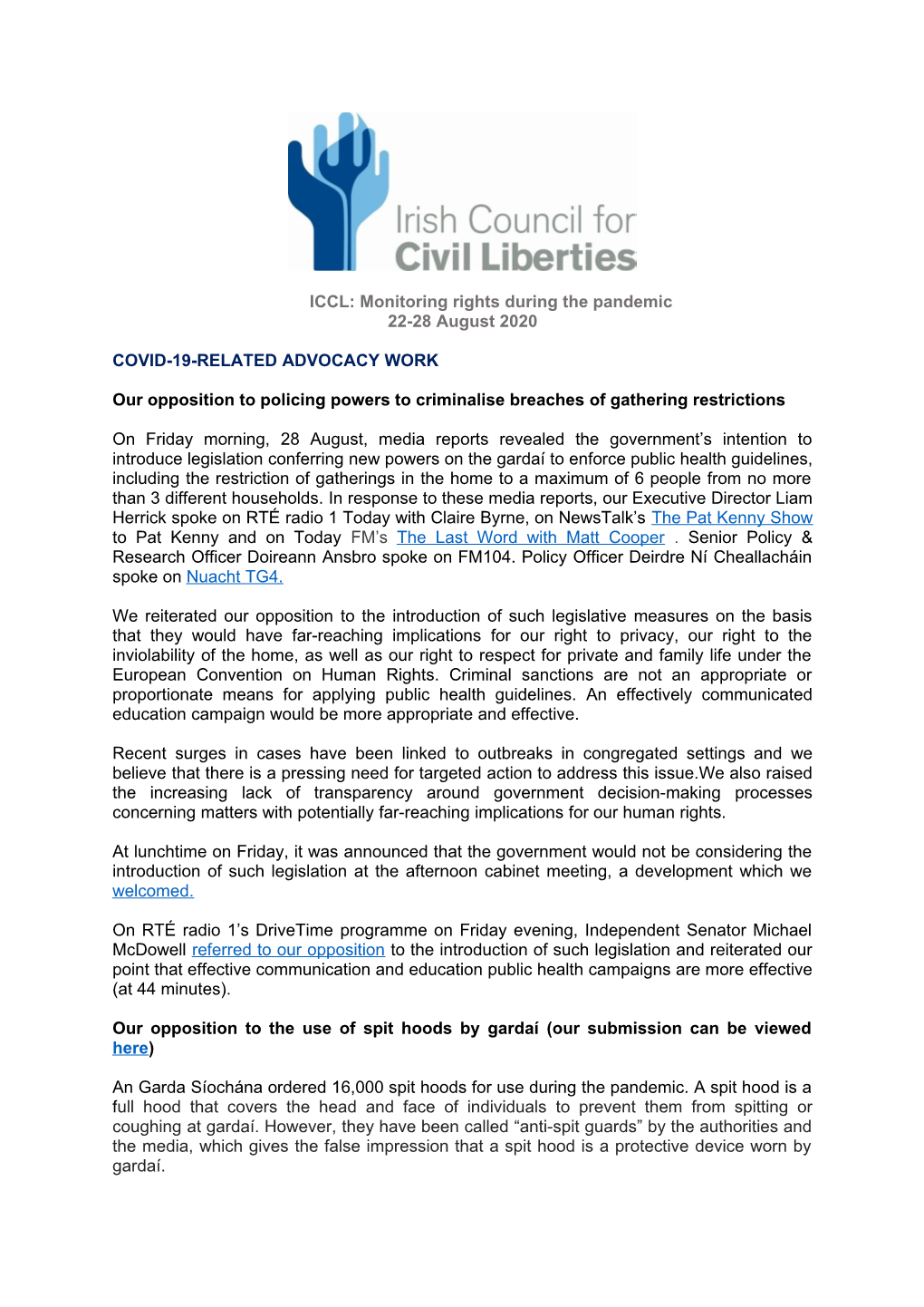 ICCL: Monitoring Rights During the Pandemic 22-28 August 2020