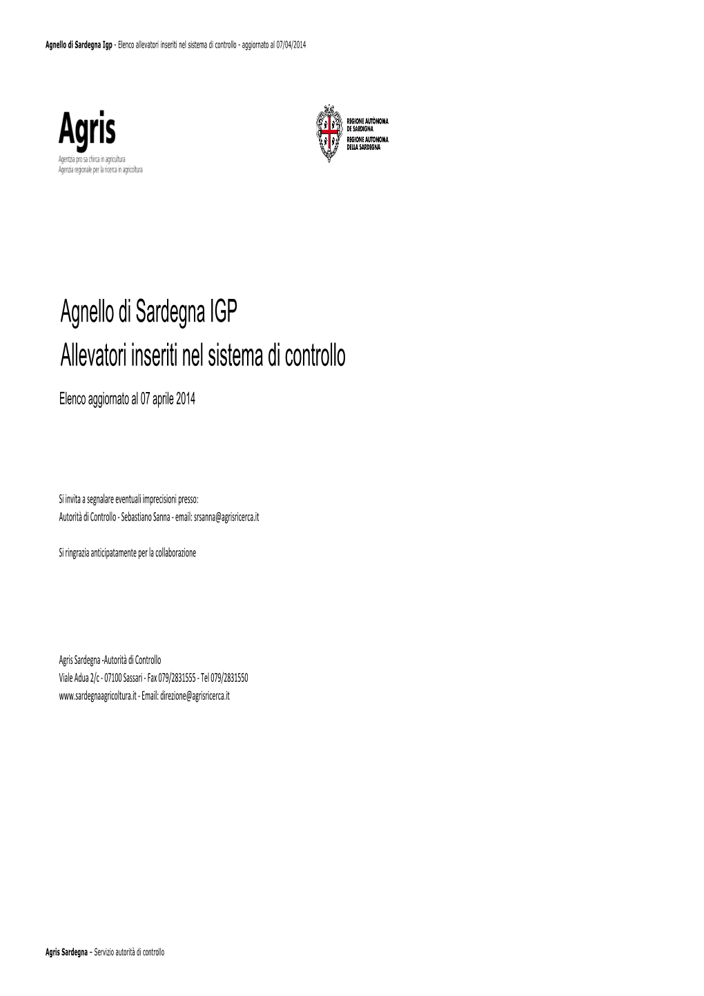 Agnello Di Sardegna IGP Allevatori Inseriti Nel Sistema Di Controllo Elenco Aggiornato Al 07 Aprile 2014