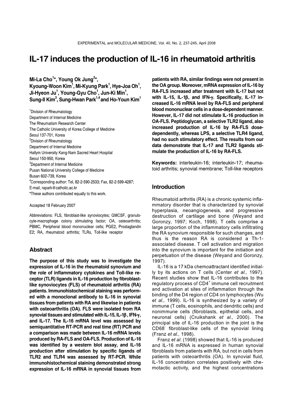 IL-17 Induces the Production of IL-16 in Rheumatoid Arthritis