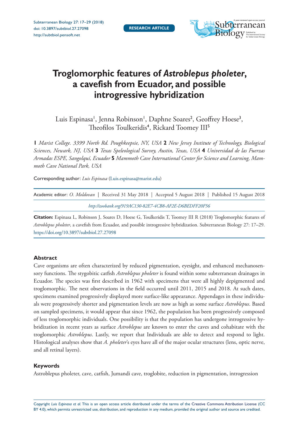 Troglomorphic Features of Astroblepus Pholeter, a Cavefish from Ecuador, and Possible Introgressive Hybridization