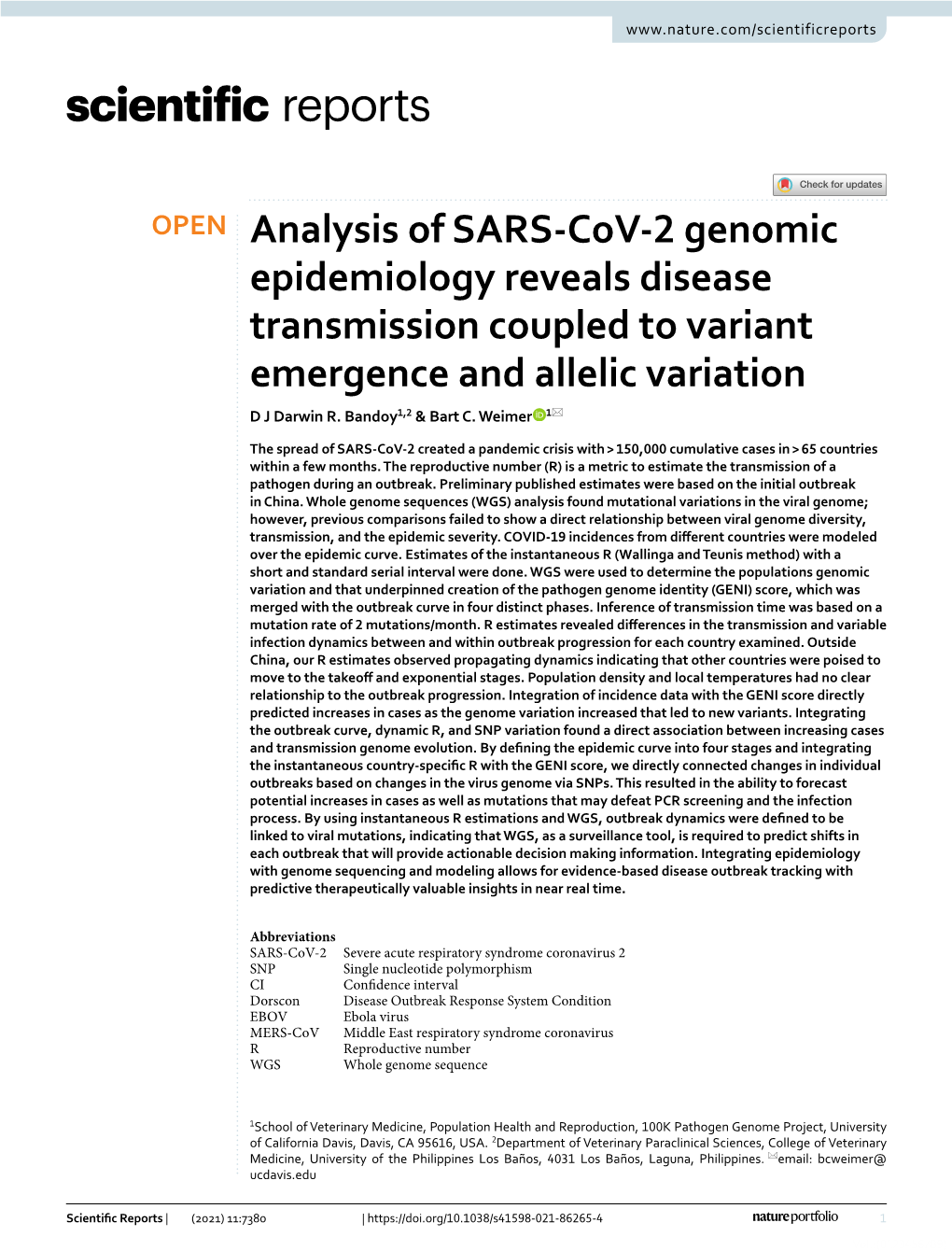 Analysis of SARS-Cov-2 Genomic Epidemiology Reveals Disease