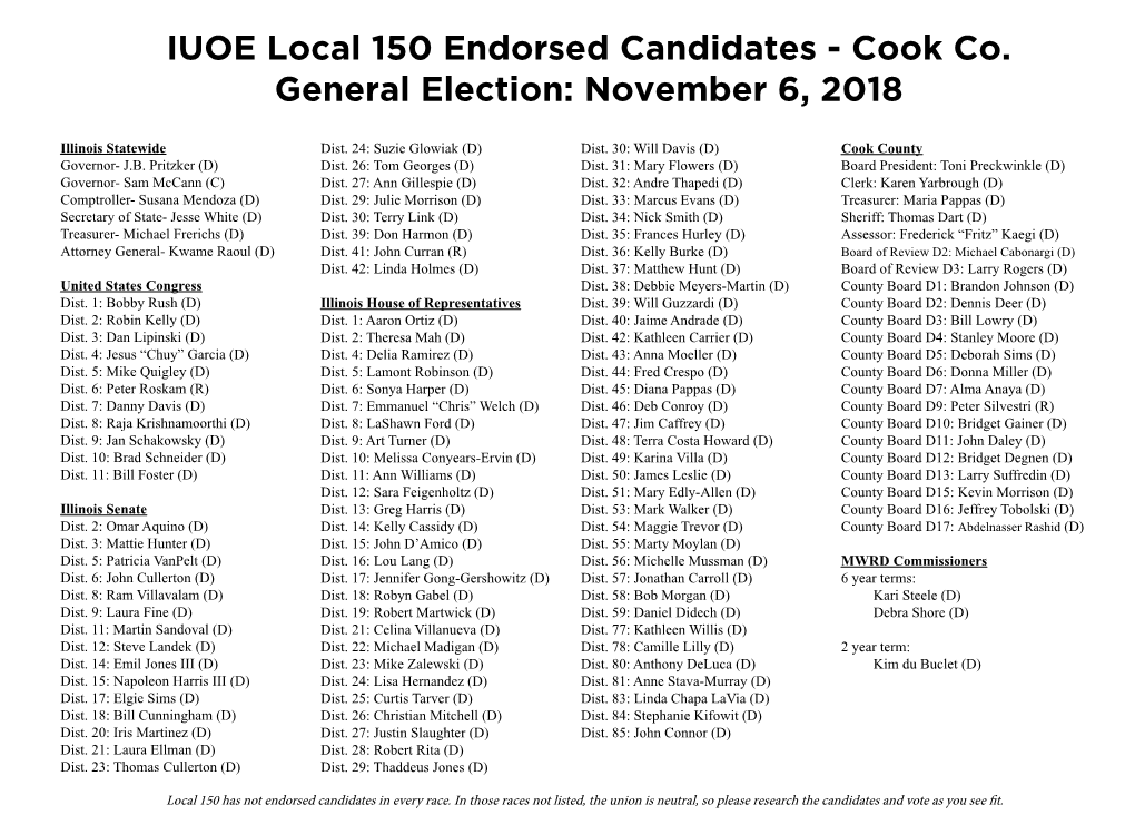 IUOE Local 150 Endorsed Candidates - Cook Co