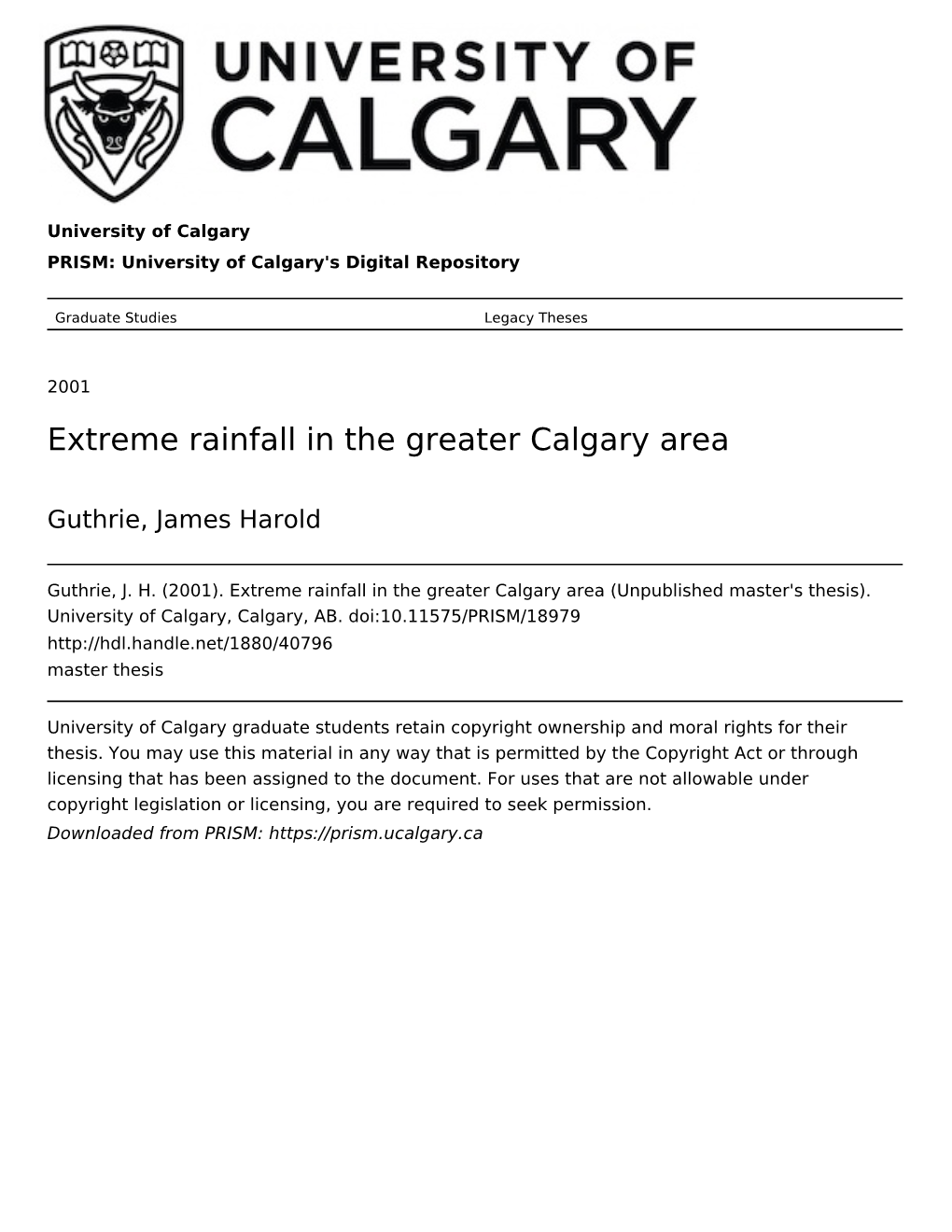 Extreme Rainfall in the Greater Calgary Area