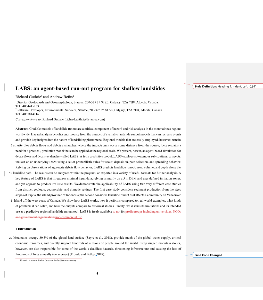 LABS: an Agent-Based Run-Out Program for Shallow Landslides Style Definition: Heading 1: Indent: Left: 0.34"