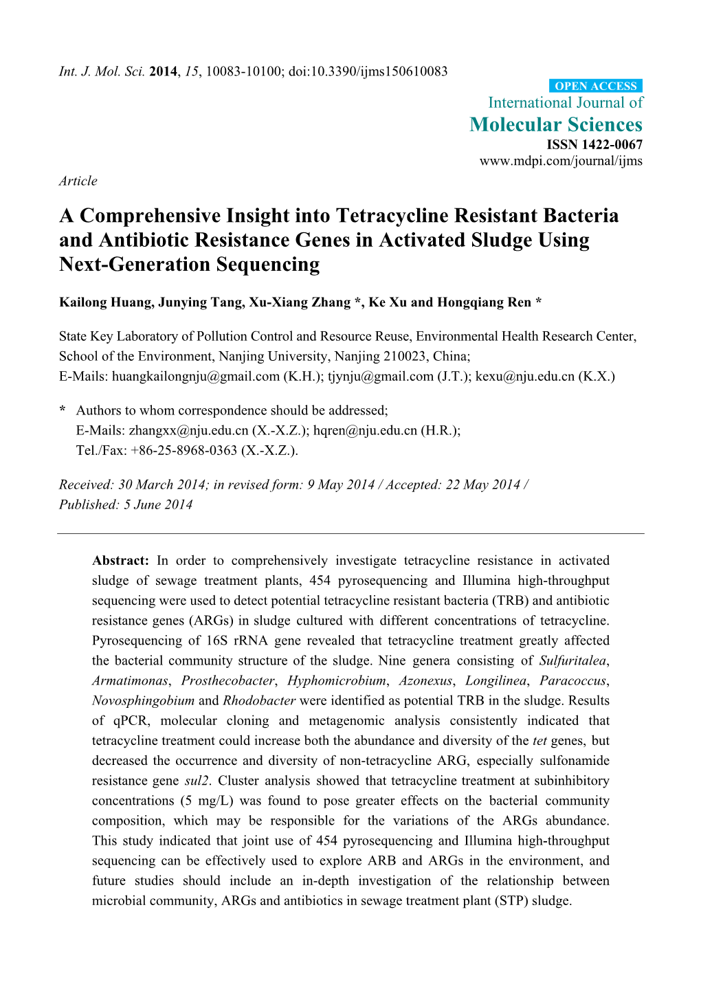 A Comprehensive Insight Into Tetracycline Resistant Bacteria and Antibiotic Resistance Genes in Activated Sludge Using Next-Generation Sequencing