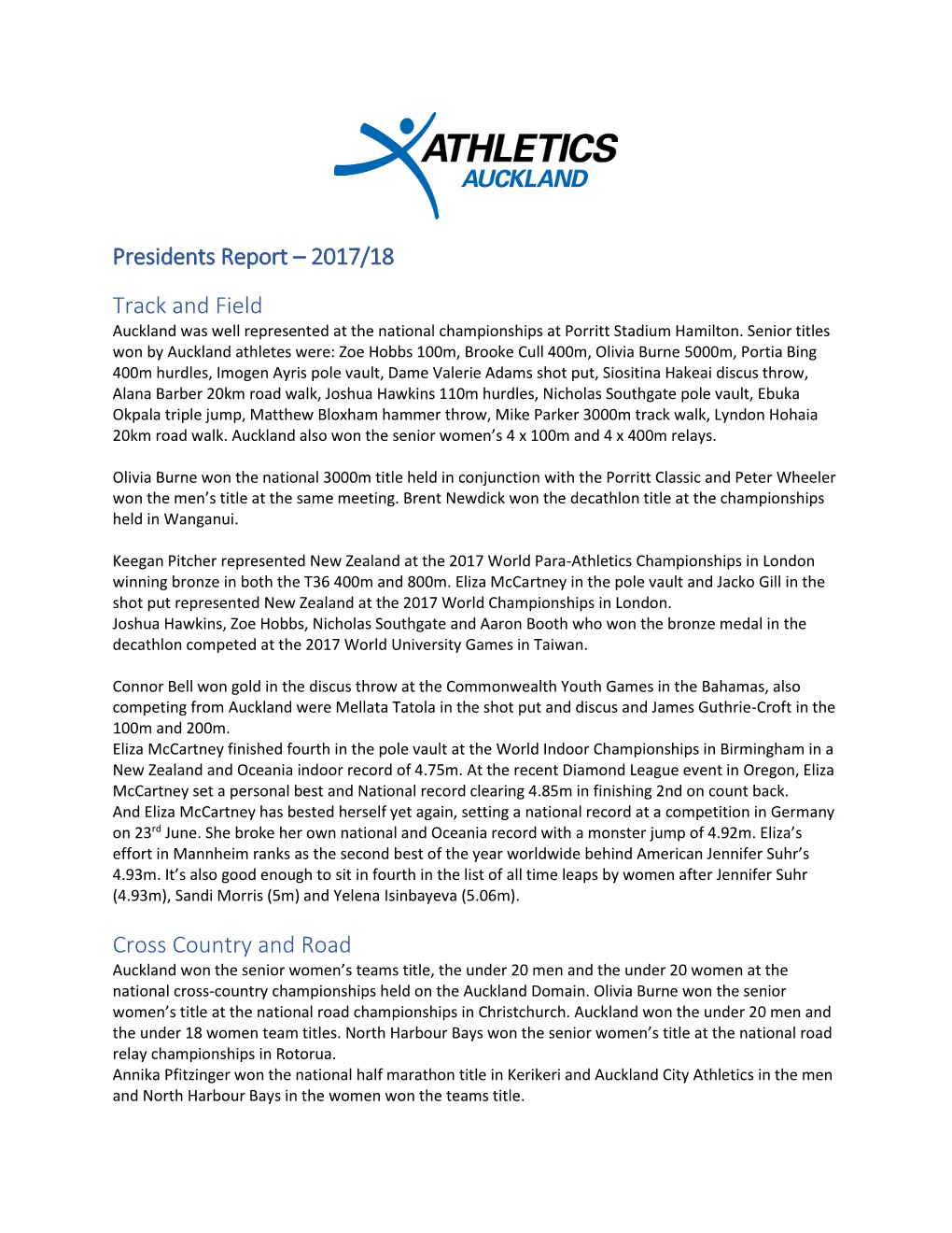 Presidents Report – 2017/18 Track and Field Auckland Was Well Represented at the National Championships at Porritt Stadium Hamilton