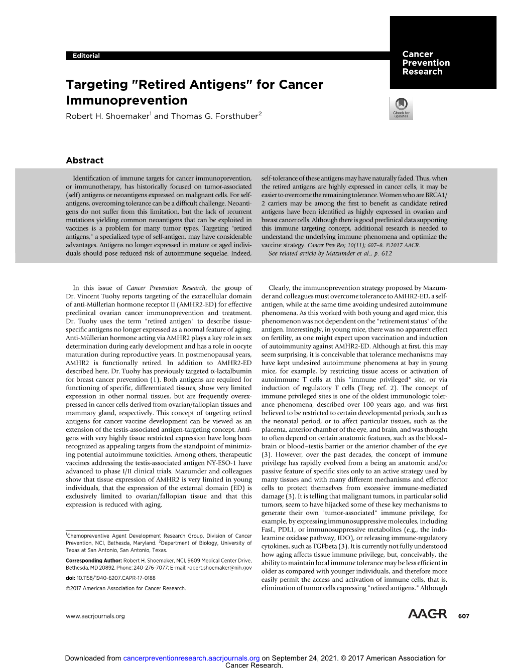 Retired Antigens" for Cancer Immunoprevention Robert H