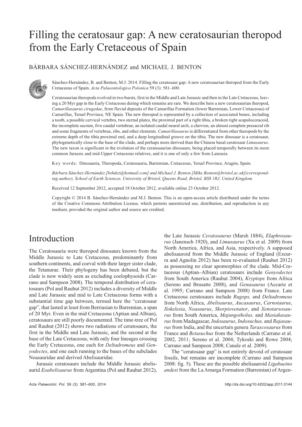 A New Ceratosaurian Theropod from the Early Cretaceous of Spain