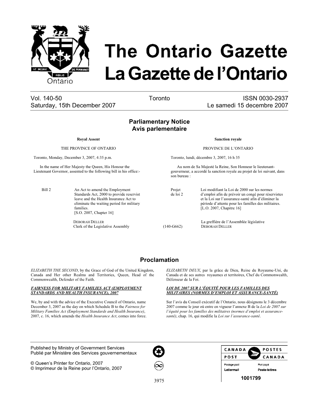 Ontario Gazette Volume 140 Issue 50, La Gazette De L'ontario Volume 140