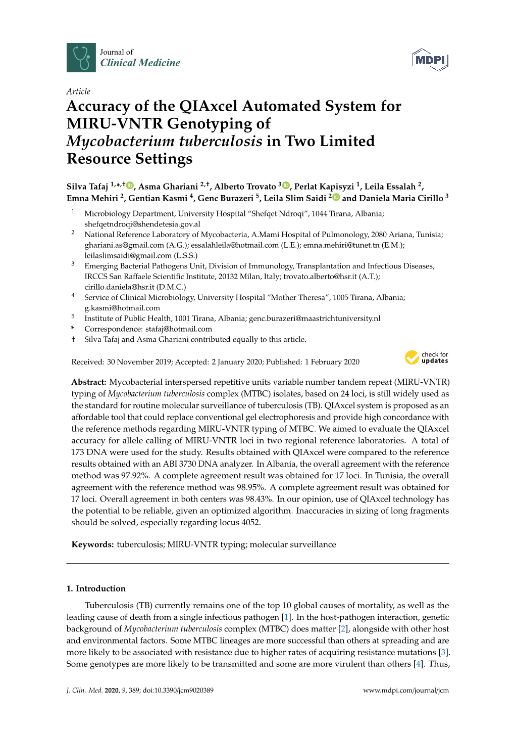 Accuracy of the Qiaxcel Automated System for MIRU-VNTR Genotyping of Mycobacterium Tuberculosis in Two Limited Resource Settings