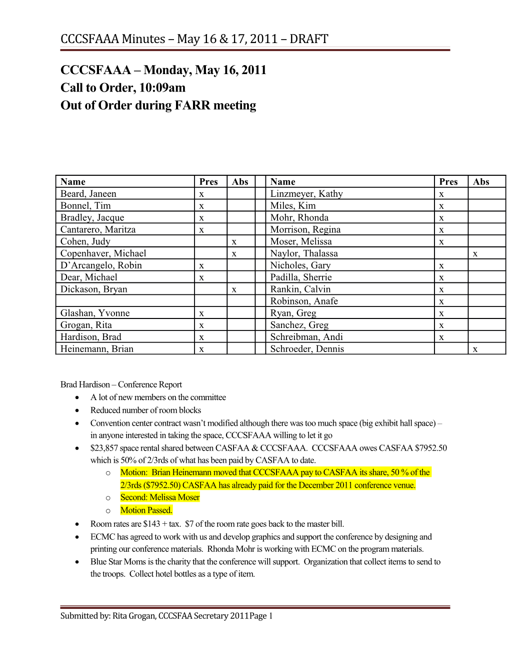 CCCSFAAA Minutes May 16 & 17, 2011 DRAFT