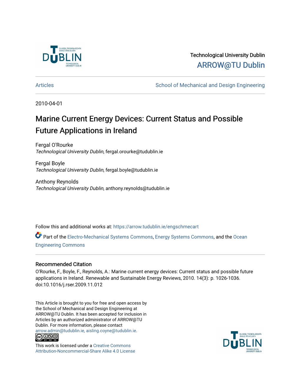 Marine Current Energy Devices: Current Status and Possible Future Applications in Ireland