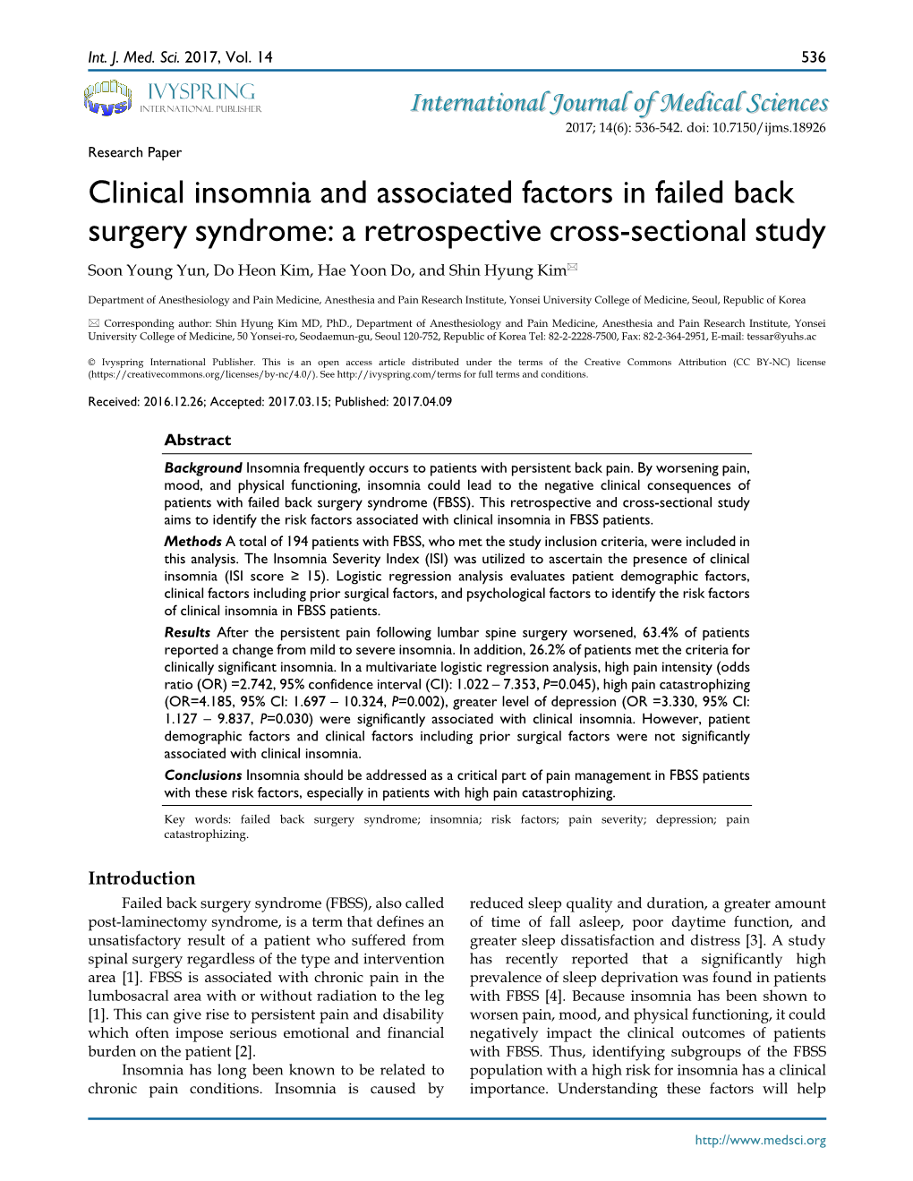 Clinical Insomnia and Associated Factors in Failed Back Surgery