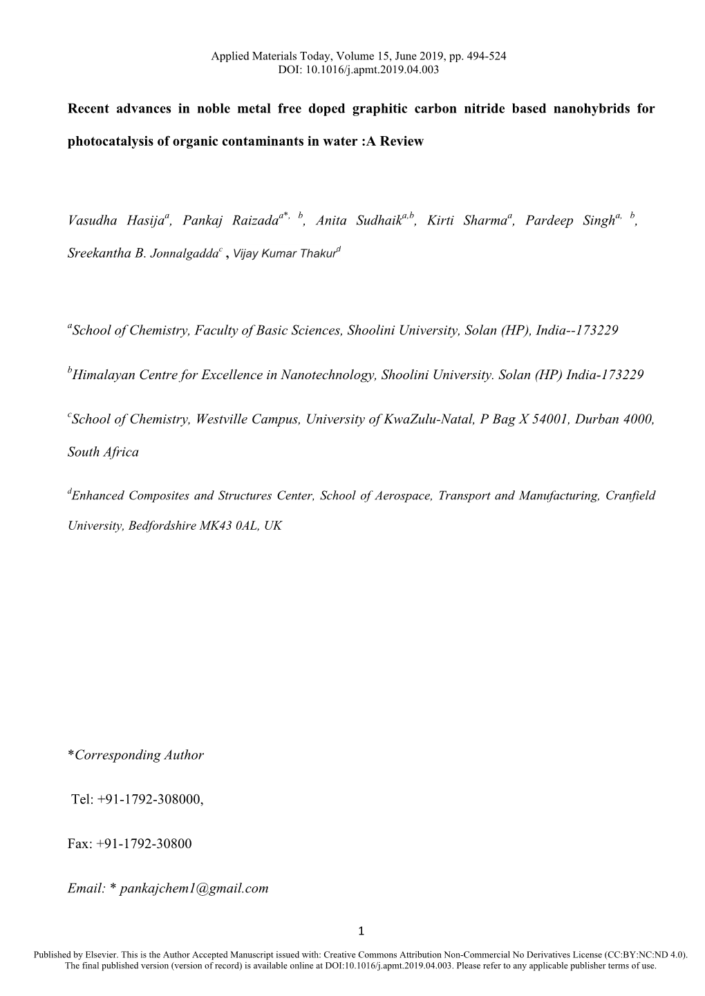 Recent Advances in Noble Metal Free Doped Graphitic Carbon Nitride Based Nanohybrids for Photocatalysis of Organic Contaminants in Water :A Review