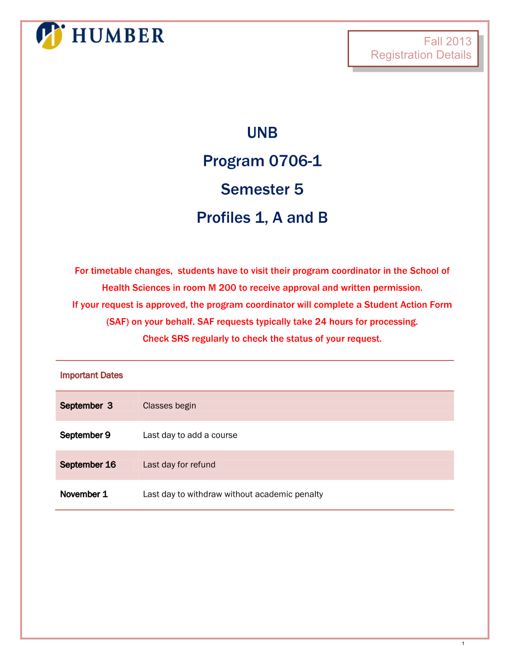 UNB Program 0706-1 Semester 5 Profiles 1, a and B