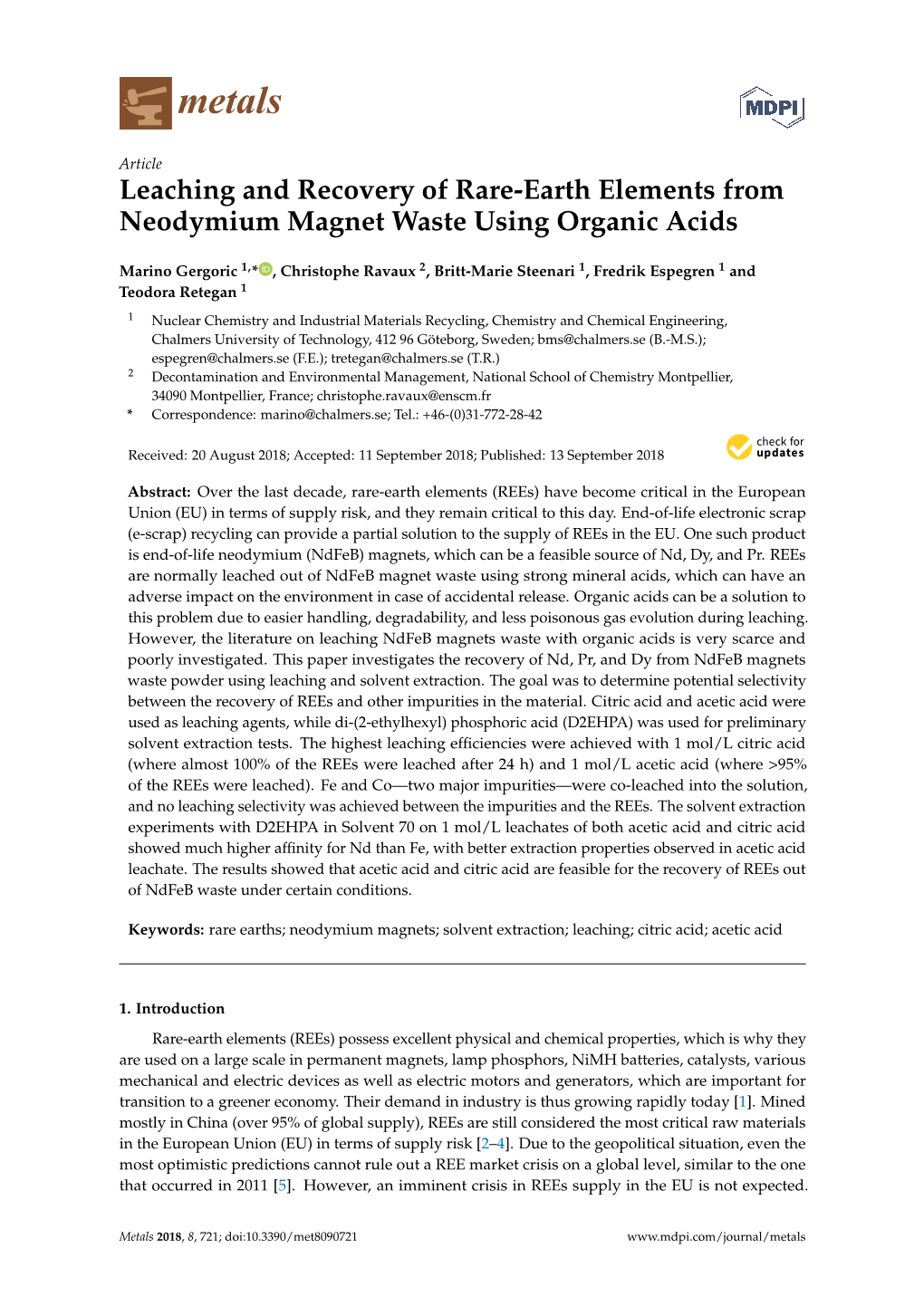 Leaching and Recovery of Rare-Earth Elements from Neodymium Magnet Waste Using Organic Acids