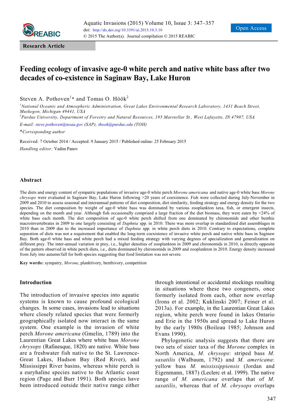 Feeding Ecology of Invasive Age-0 White Perch and Native White Bass After Two Decades of Co-Existence in Saginaw Bay, Lake Huron