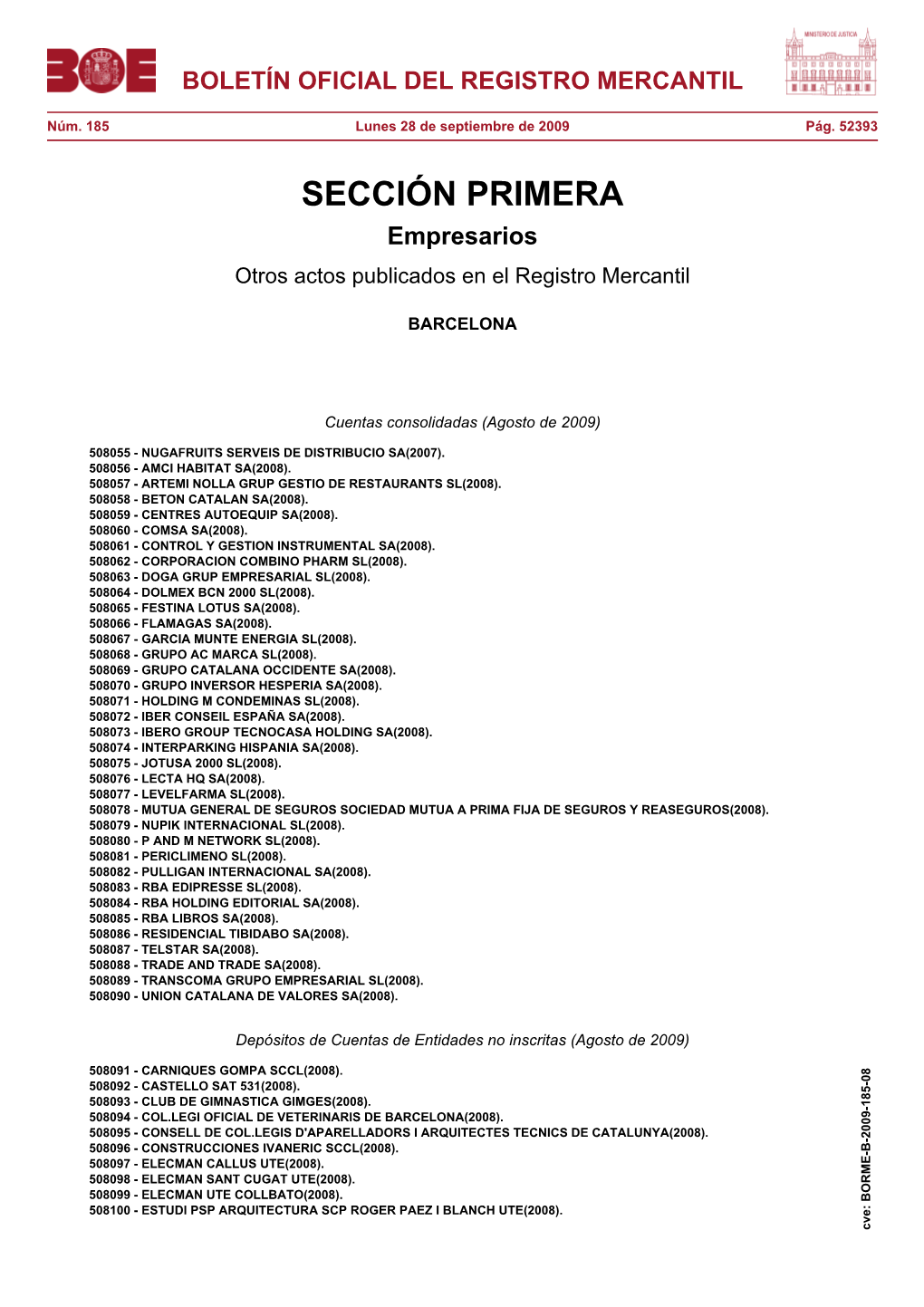 Actos De BARCELONA Del BORME Núm. 185 De 2009