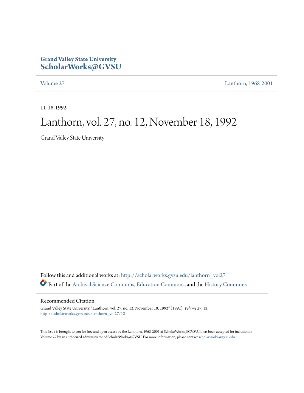 Lanthorn, Vol. 27, No. 12, November 18, 1992 Grand Valley State University