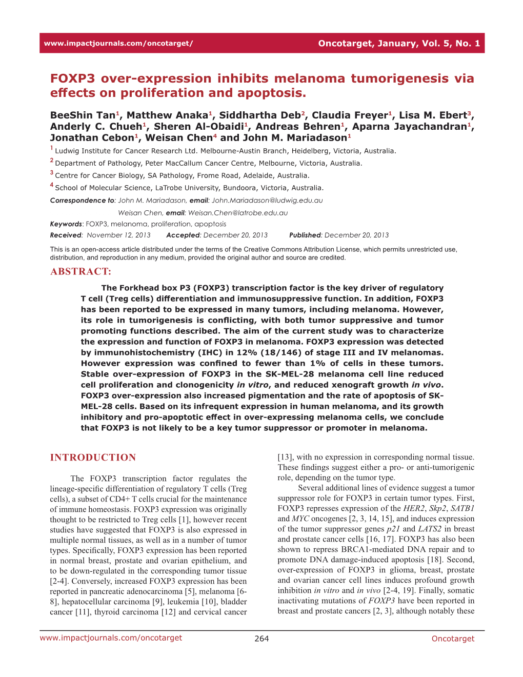 FOXP3 Over-Expression Inhibits Melanoma Tumorigenesis Via Effects on Proliferation and Apoptosis