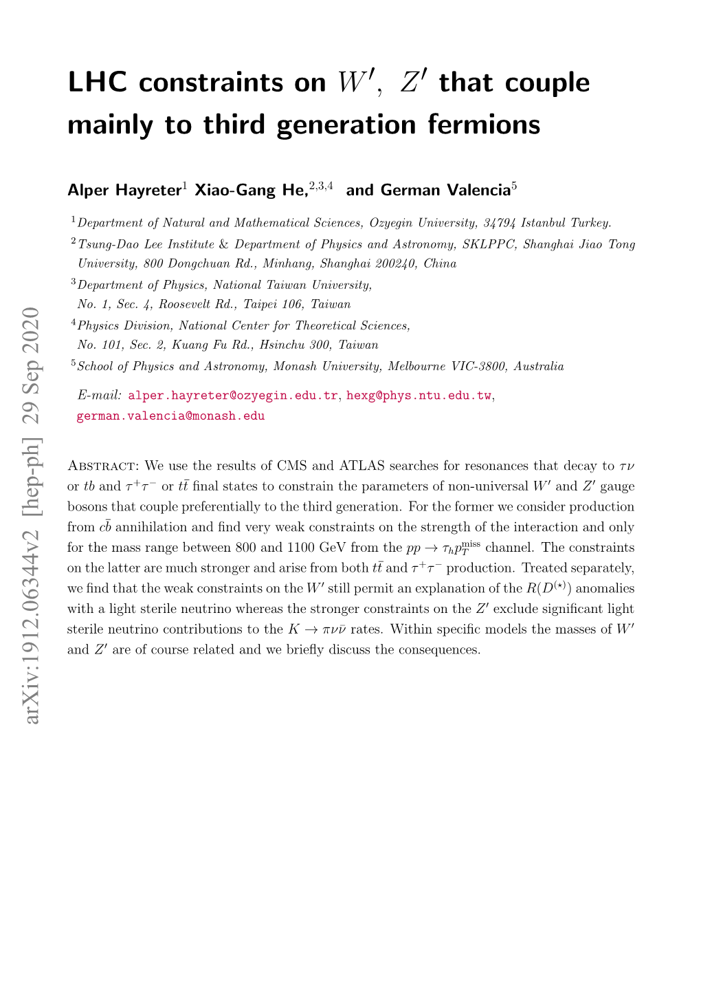 LHC Constraints on W , Z That Couple Mainly to Third Generation Fermions