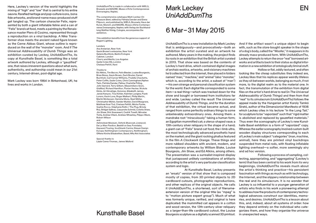 Mark Leckey Uniadddumths 6 Mar – 31 May 2015 EN Kunsthalle Basel