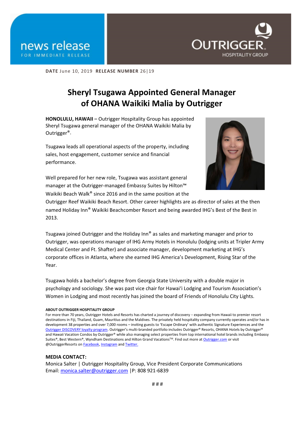 Sheryl Tsugawa Appointed General Manager of OHANA Waikiki Malia by Outrigger